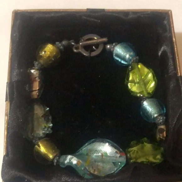 Glass Beaded Bracelet Gold Green Blue Silver Toggle Clasp Jewelry Box - Picture 4 of 5